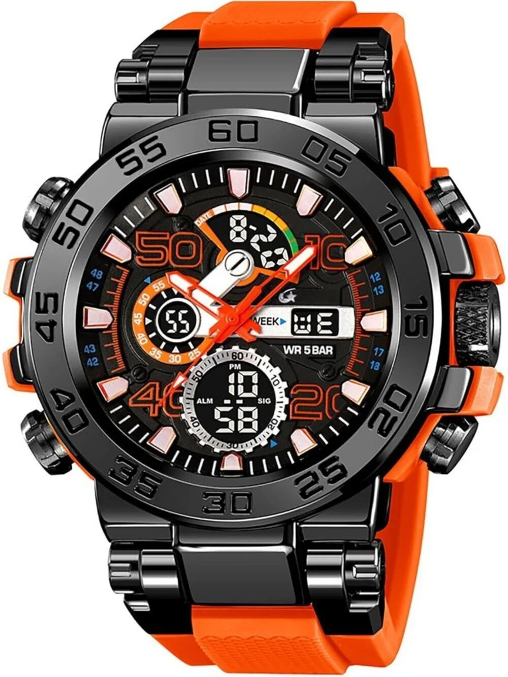 Men's Orange Analog Quartz Waterproof Sports Outdoor Military LED Digital Watch